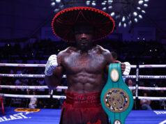 Khalil Coe celebrates his sixth round stoppage of Manuel Gallegos Melina Pizano/Matchroom