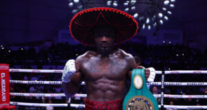 Khalil Coe celebrates his sixth round stoppage of Manuel Gallegos Melina Pizano/Matchroom