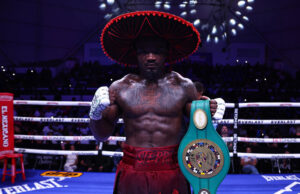 Khalil Coe celebrates his sixth round stoppage of Manuel Gallegos Melina Pizano/Matchroom