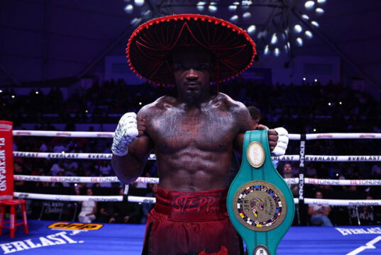 Khalil Coe celebrates his sixth round stoppage of Manuel Gallegos Melina Pizano/Matchroom