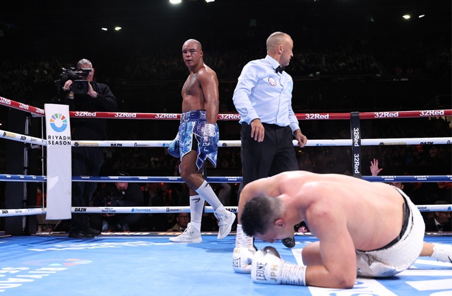 Wardley stands above Justis Hunia after a huge knockout: Leigh Dawney/Queensberry.