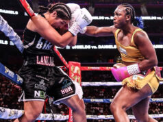 Claressa Shields unloads a right hand on Lani Daniels during their undisputed heavyweight title clash at Little Caesars Arena in Detroit. Shields dominated en route to a unanimous decision victory.