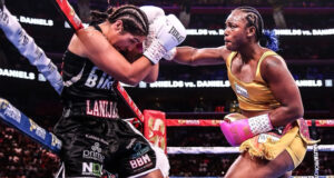 Claressa Shields unloads a right hand on Lani Daniels during their undisputed heavyweight title clash at Little Caesars Arena in Detroit. Shields dominated en route to a unanimous decision victory.