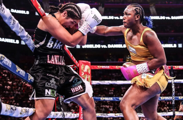 Claressa Shields unloads a right hand on Lani Daniels during their undisputed heavyweight title clash at Little Caesars Arena in Detroit. Shields dominated en route to a unanimous decision victory. Claressa Shields unloads a right hand on Lani Daniels during their undisputed heavyweight title clash at Little Caesars Arena in Detroit. Shields dominated en route to a unanimous decision victory.
