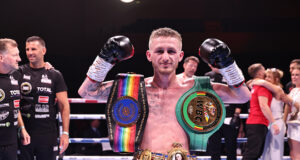 Ryan Garner, aka The Piranha defended his European title & added two further belts by defeating the British and Commonwealth champion Reece Bellotti at the Bournemouth International Centre last night. Photo Credit: Queensberry/Leigh Dawney