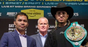 Manny Pacquiao challenges Mario Barrios for the WBC welterweight world title in Las Vegas on Saturday Photo Credit: Esther Lin/Premier Boxing Champions
