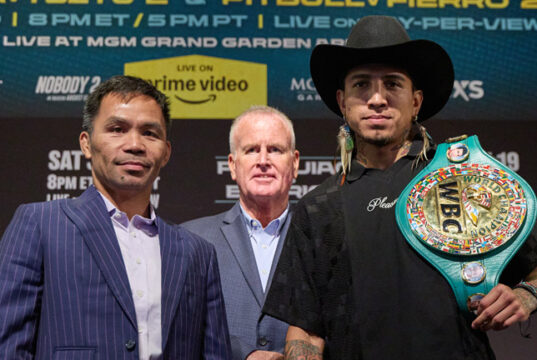 Manny Pacquiao challenges Mario Barrios for the WBC welterweight world title in Las Vegas on Saturday Photo Credit: Esther Lin/Premier Boxing Champions