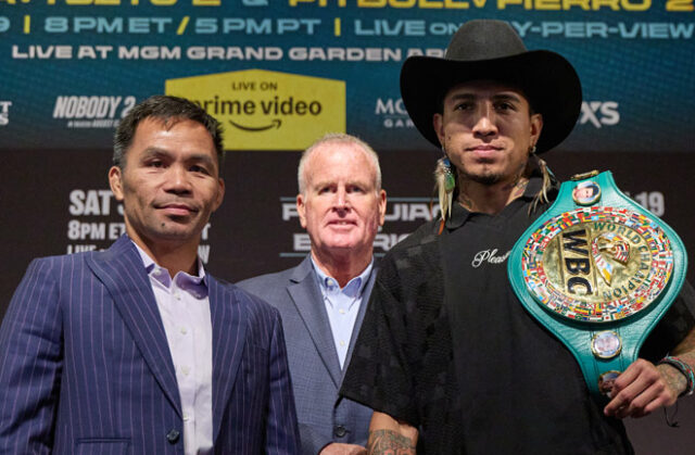 Manny Pacquiao challenges Mario Barrios for the WBC welterweight world title in Las Vegas on Saturday Photo Credit: Esther Lin/Premier Boxing Champions Manny Pacquiao challenges Mario Barrios for the WBC welterweight world title in Las Vegas on Saturday Photo Credit: Esther Lin/Premier Boxing Champions