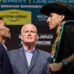 Pacquiao and Barrios face-to-face at Wednesday’s final press conference at the MGM Grand Photo Credit: Esther Lin/Premier Boxing Champions