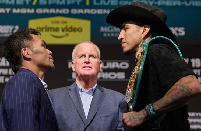 Pacquiao and Barrios face-to-face at Wednesday's final press conference at the MGM Grand Photo Credit: Esther Lin/Premier Boxing Champions