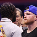 Canelo Alvarez and Terence Crawford faced off after Canelo beat William Scull credit: Leigh Dawney/ Queensberry