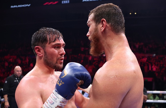 Allen and Makhmudov embrace after their battle Photo Credit: Mark Robinson Matchroom Boxing