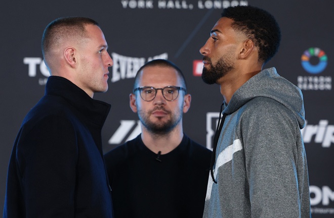 Sains and Coleman face-to-face ahead of their English title clash Photo Credit: Mark Robinson Matchroom Boxing