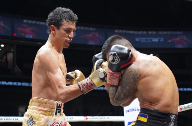 Rafael Espinoza stopped Arnold Khegai in Mexico on Saturday Photo Credit: Zanfer Boxing Rafael Espinoza stopped Arnold Khegai in Mexico on Saturday Photo Credit: Zanfer Boxing