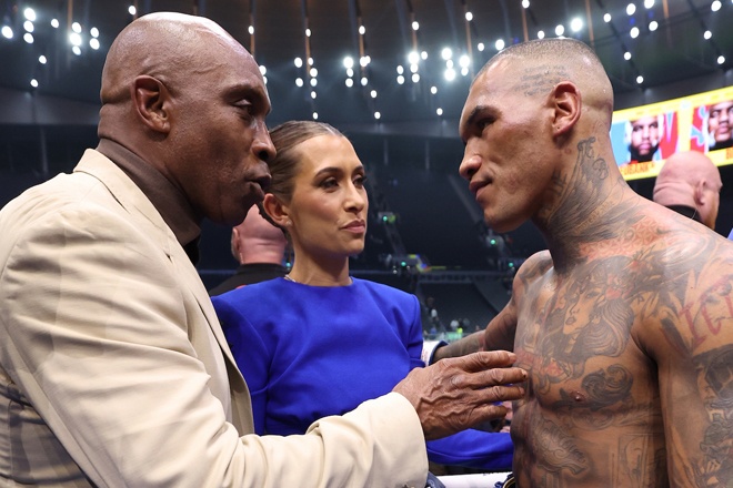 Conor and Nigel Benn embrace after rematch credit: Matchroom/ Mark Robinson