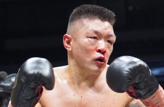 Khegai was bloodied Photo Credit: Zanfer Boxing