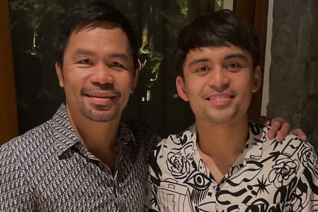 Manny Pacquiao with his son, Jimuel ahead of his proffesional debut credit: instagram Manny Pacquiao with his son, Jimuel ahead of his proffesional debut credit: instagram