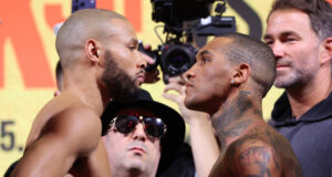 Rick Reeno in between Chris Eubank Jr and Conor Benn at the weigh in on Friday Photo Credit: Mark Robinson Matchroom Boxing