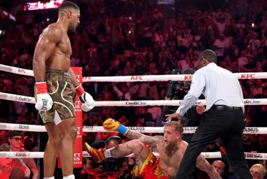 Jake Paul is knocked down in the sixth round by Anthony Joshua during their heavyweight bout at Kaseya Center on December 19, 2025, in Miami, Florida, United States. (Photo: Getty Images for Netflix)