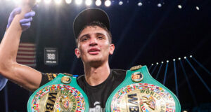 Sebastian Fundora retained his WBC super welterweight world title with a sixth round stoppage of Keith Thurman in Las Vegas on Saturday Photo Credit: Esther Lin/Premier Boxing Champions