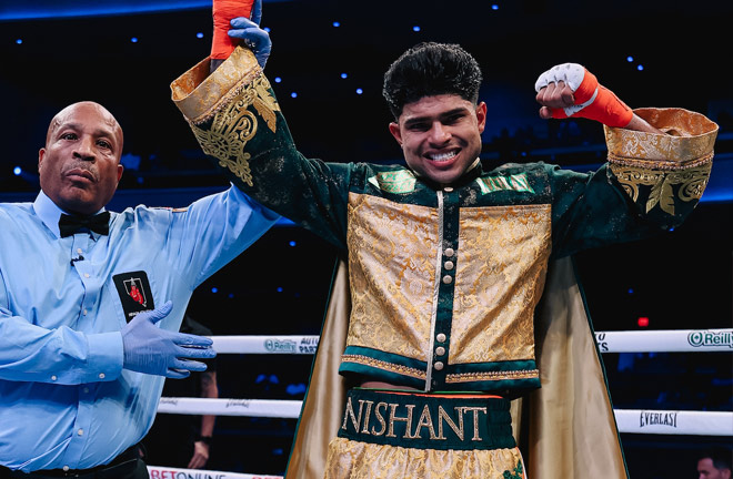 Nishant Dev extended his unbeaten run in Las Vegas. Photo Credit: Matchroom Boxing/ Zachariah Delgado