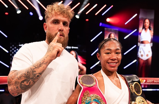 Baumgardner celebrates her victory over Shin with her promoter Jake Paul Photo Credit: Most Valuable Promotions / Michelle Farsi