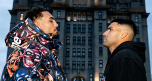 Ben Whittaker face-to-face with Braian Suarez ahead of their clash in Liverpool on Saturday Photo Credit: Matchroom Boxing