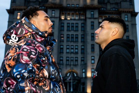 Ben Whittaker face-to-face with Braian Suarez ahead of their clash in Liverpool on Saturday Photo Credit: Matchroom Boxing