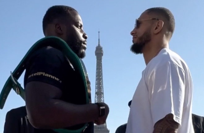 Okolie and Yoka face-to-face ahead of their bout Photo Credit: Queensberry