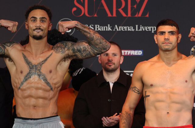 Ben Whittaker and Braian Suarez weighed in ahead of their clash in Liverpool on Saturday Photo Credit: Mark Robinson Matchroom Boxing