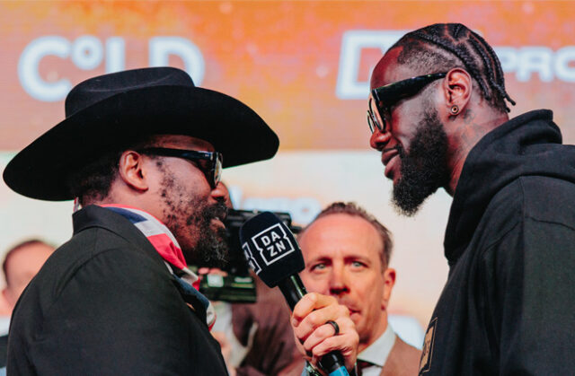 Chisora & Wilder face off ahead of their clash. Photo Credit: Misfits Boxing. Chisora & Wilder face off ahead of their clash. Photo Credit: Misfits Boxing.