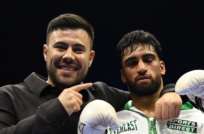 Ben Shalom pictured with Adam Azim after his stoppage victory over Steve Claggett. Photo Credit: BOXXER/ BBC