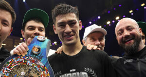Dmitry Bivol looks to his next opponent after his win over Eifert. Photo Credit: Mark Robinson/ Matchroom Boxing