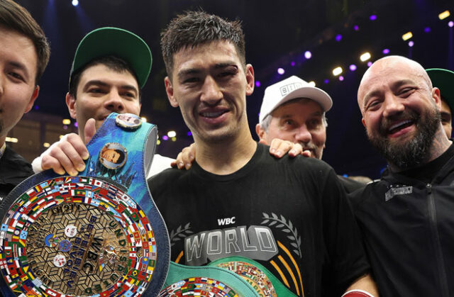 Dmitry Bivol looks to his next opponent after his win over Eifert. Photo Credit: Mark Robinson/ Matchroom Boxing