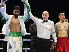 Adam Azim stopped Steve Claggett in three. Photo Credit: BOXXER/ BBC