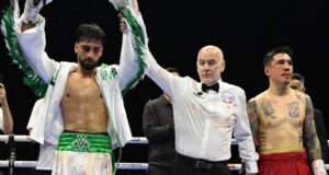Adam Azim stopped Steve Claggett in three. Photo Credit: BOXXER/ BBC