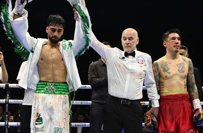 Adam Azim stopped Steve Claggett in three. Photo Credit: BOXXER/ BBC