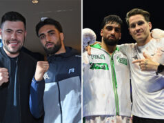 McGuigan and Shalom react to Adam Azim's stoppage victory over Steve Claggett. Photo Credit: BOXXER/ BBC