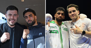 McGuigan and Shalom react to Adam Azim's stoppage victory over Steve Claggett. Photo Credit: BOXXER/ BBC