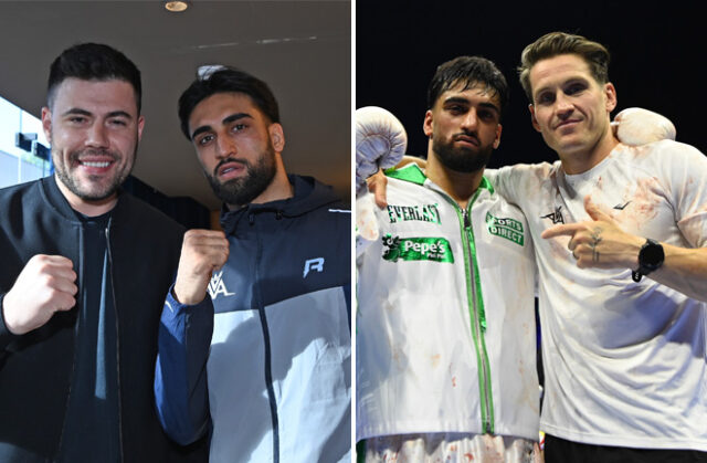 McGuigan and Shalom react to Adam Azim's stoppage victory over Steve Claggett. Photo Credit: BOXXER/ BBC McGuigan and Shalom react to Adam Azim's stoppage victory over Steve Claggett. Photo Credit: BOXXER/ BBC