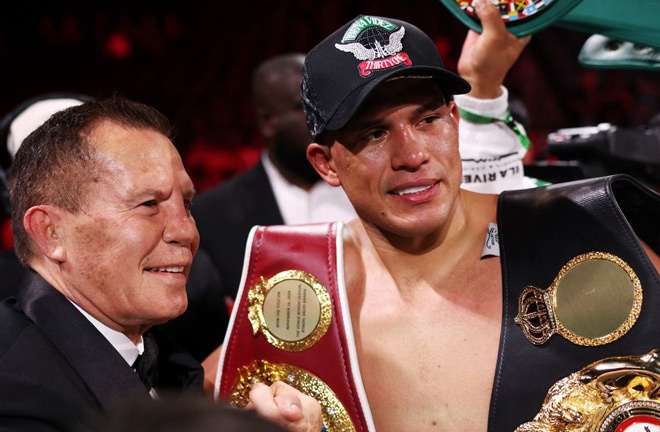 Benavidez celebrates with Julio Cesar Chavez after becoming the unified WBO and WBA cruiserweight champion Photo Credit: Cris Esquada/Golden Boy Promotions