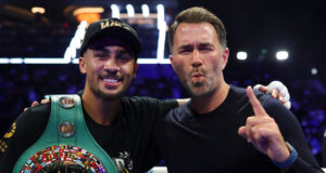 Ben Whittaker celebrates with Eddie Hearn after his win over Richard Rivera in Brooklyn Photo Credit: Cris Esqueda Matchroom Boxing