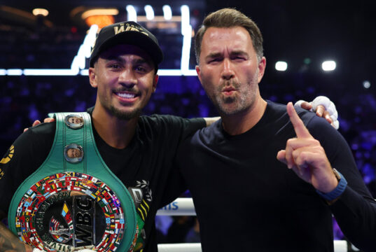 Ben Whittaker celebrates with Eddie Hearn after his win over Richard Rivera in Brooklyn Photo Credit: Cris Esqueda Matchroom Boxing