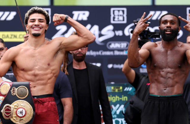 Xander Zayas weighed in heavier than Jaron Ennis at Friday's weigh in Photo Credit: Cris Esqueda Matchroom Boxing Xander Zayas weighed in heavier than Jaron Ennis at Friday's weigh in Photo Credit: Cris Esqueda Matchroom Boxing