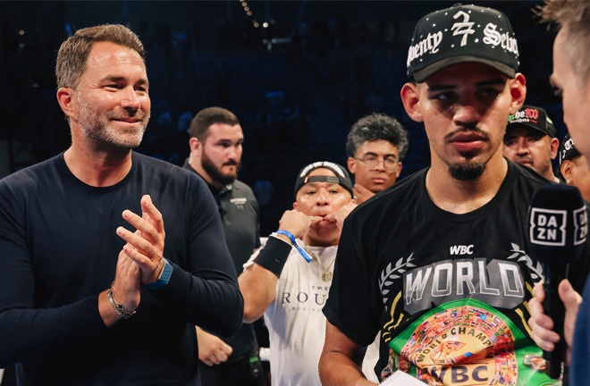 Eddie Hearn and Diego Pacheco together after he dismantled Aleem. Photo Credit: Zachariah Delgado Matchroom Boxing