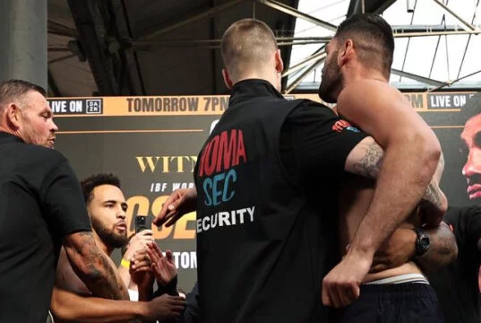 Moses Itauma and Filip Hrgovic came to blows at the weigh in Photo Credit: Photo Credit: Queensberry