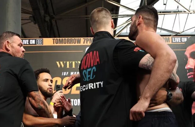 Moses Itauma and Filip Hrgovic came to blows at the weigh in Photo Credit: Photo Credit: Queensberry Moses Itauma and Filip Hrgovic came to blows at the weigh in Photo Credit: Photo Credit: Queensberry