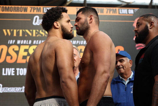 Moses Itauma and Filip Hrgovic face off one day out. Credit: Queensberry/Leigh Dawney