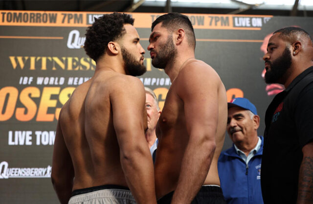Moses Itauma and Filip Hrgovic face off one day out. Credit: Queensberry/Leigh Dawney