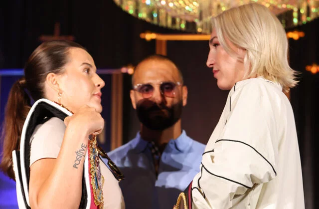 Mayer and Cameron face-to-face ahead of Saturday's showdown Photo Credit: Most Valuable Promotions Mayer and Cameron face-to-face ahead of Saturday's showdown Photo Credit: Most Valuable Promotions